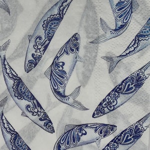 May include: A white background with a repeating pattern of blue and white fish. The fish are stylized with intricate designs and have a paisley-like pattern.