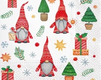 decoupage napkins, gnome paper napkins, 3 individual Christmas winter luncheon size napkins for decoupage scrapbook cardmaking paper crafts
