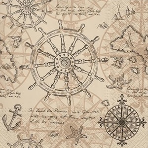 May include: A vintage-style nautical themed design with a compass, ship's wheel, anchor, and starfish. The background is a beige color with handwritten text.