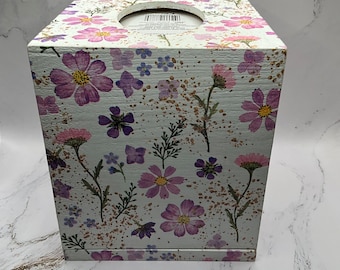 Flower wood tissue box cover, decoupaged tissue box cover, spring floral decor