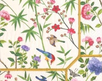 decoupage napkins, bird and floral paper napkins, 3 individual garden cocktail size napkins for decoupage scrapbook card making crafting