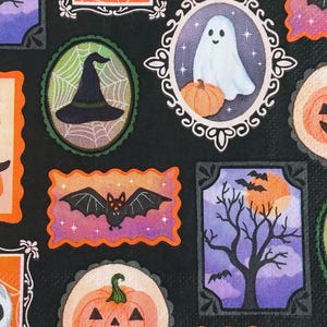 May include: A black background is covered with various Halloween-themed illustrations. These include a witch's hat, a ghost with a pumpkin, a bat, a jack-o'-lantern, and a spooky tree with bats and a full moon. The illustrations are framed in decorative borders.