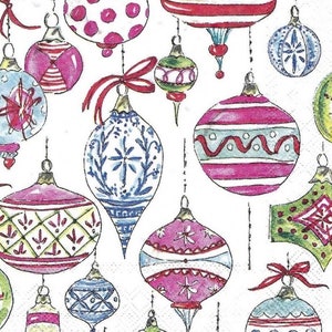 Decoupage napkins, Christmas ornament paper napkins, 3 individual vintage ornament cocktail napkins for decoupage mixed media paper crafts