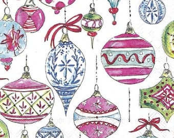 Decoupage napkins, Christmas ornament paper napkins, 3 individual vintage ornament cocktail napkins for decoupage mixed media paper crafts