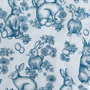 decoupage napkins, toile bunny paper napkins, 3 blue and white individual luncheon size napkins for decoupage scrapbook card making crafts
