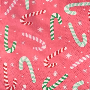 decoupage napkins, candy cane napkins, 3 individual pink Christmas cocktail size napkins for decoupage scrapbook cardmaking paper crafts