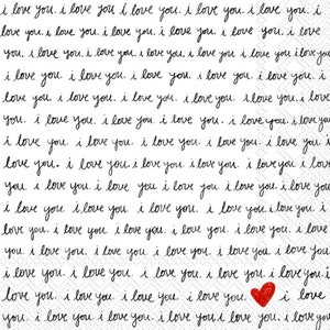 May include: White background with the handwritten phrase "I love you" repeated in black cursive script. A small red heart with a white outline is at the bottom right corner. Romantic theme.