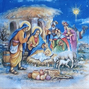 decoupage napkins,  religious nativity scene paper napkins, 3 individual luncheon size napkins for crafts