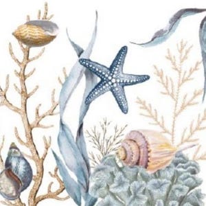 May include: A watercolor illustration of a seashell, starfish, and seaweed. The seashell is a light pink and yellow color, the starfish is blue, and the seaweed is a light blue and green color.