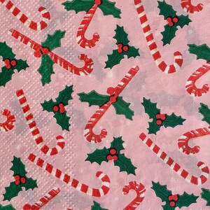decoupage napkins, candy cane holly paper napkins, 2 individual guest size size pink Christmas napkins for decoupage scrapbook cardmaking