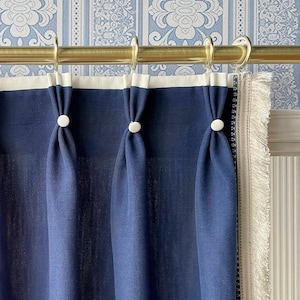 Navy Cotton Linen Curtain Panels With Tassel, Beautiful Custom Curtains And Drapes, Available In Extra Long Length