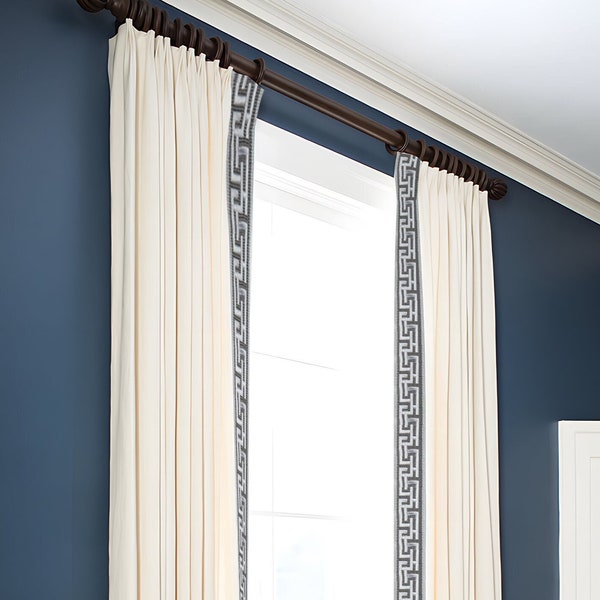 White Cotton Linen Curtain Panels With Trims, Beautiful Custom Curtains And Drapes, Available In Extra Long Length