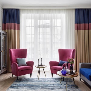 Color Block Velvet Curtain Panels, Beautiful Custom Curtains And Drapes, Available In Extra Long Length
