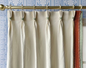 White Cotton Linen Curtain Panels With Contrast Border, Beautiful Custom Curtains And Drapes, Available In Extra Long Length