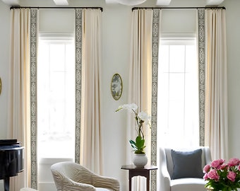 White Cotton Linen Curtain Panels With Trims, Beautiful Custom Curtains And Drapes, Available In Extra Long Length