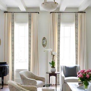 Cream White Cotton Linen Curtain Panels With Trim, Beautiful Custom Curtains And Drapes, Available In Extra Long Length