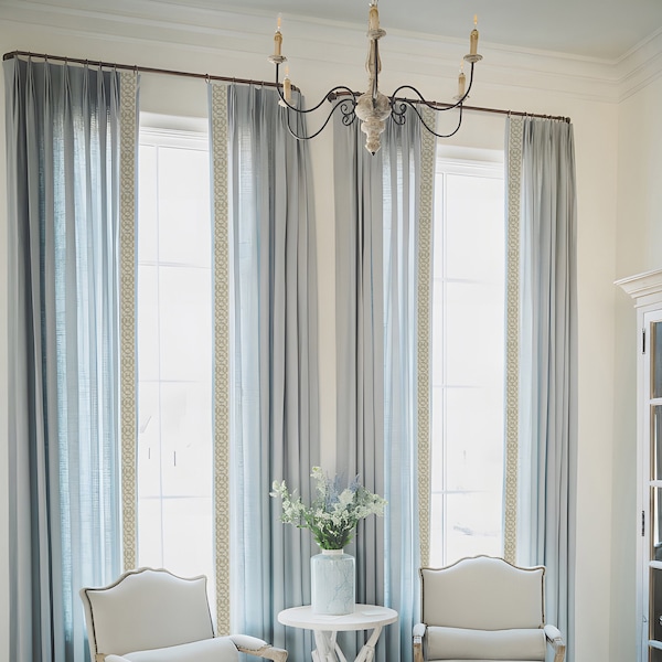 Light Blue Cotton Linen Curtain Panels With Trim, Beautiful Custom Curtains And Drapes, Available In Extra Long Length