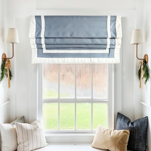 Roman Shade, Steel Blue With White Border, Made To Order, Custom Size And Color Available