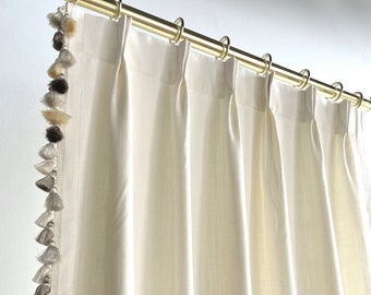 White Cotton Linen Curtain Panels With Tassels, Ready To Ship, Sample Sale, Pair  Of Finished Size 25"Wx99"L