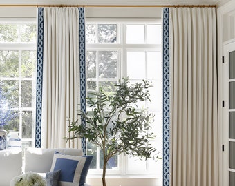 Off White Velvet Curtain Panels with Trim, Beautiful Custom Curtains And Drapes, Available In Extra Long Length