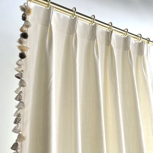 White Cotton Linen Curtain Panels With Tassels, Ready To Ship, Sample Sale, Pair Of Finished Size 25Wx99L image 1