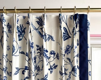 Blue Floral Cotton Blend Curtain Panels, Beautiful Custom Curtains And Drapes, Available In Extra Long Length