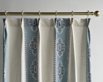 Light Blue Floral Stripe Cotton Blend Curtain Panels, Beautiful Custom Curtains And Drapes, Available In Extra Long Length