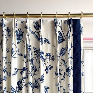 Blue Floral Cotton Blend Curtain Panels, Beautiful Custom Curtains And Drapes, Available In Extra Long Length image 1