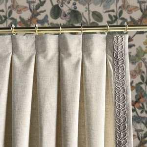 Oatmeal Cotton Linen Curtain Panels With Trims, Beautiful Custom Curtains And Drapes, Available In Extra Long Length