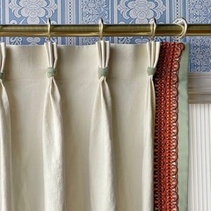 White Cotton Linen Curtain Panels With Contrast Border, Beautiful Custom Curtains And Drapes, Available In Extra Long Length