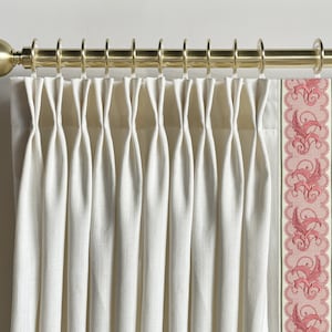Cream White Cotton Linen Curtain Panels With Trim, Beautiful Custom Curtains And Drapes, Available In Extra Long Length