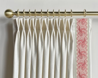 White Cotton Linen Curtain Panels With Trims, Beautiful Custom Curtains And Drapes, Available In Extra Long Length