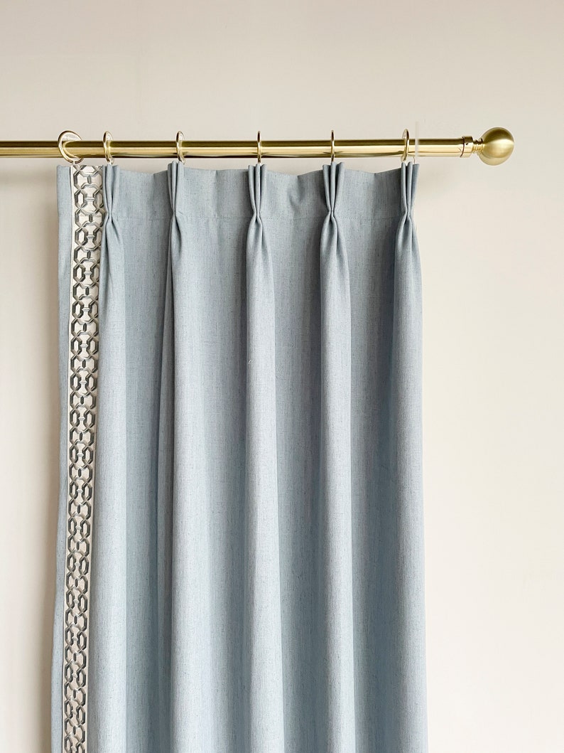 Light Blue Cotton Linen Curtain Panels With Trim Beautiful Etsy