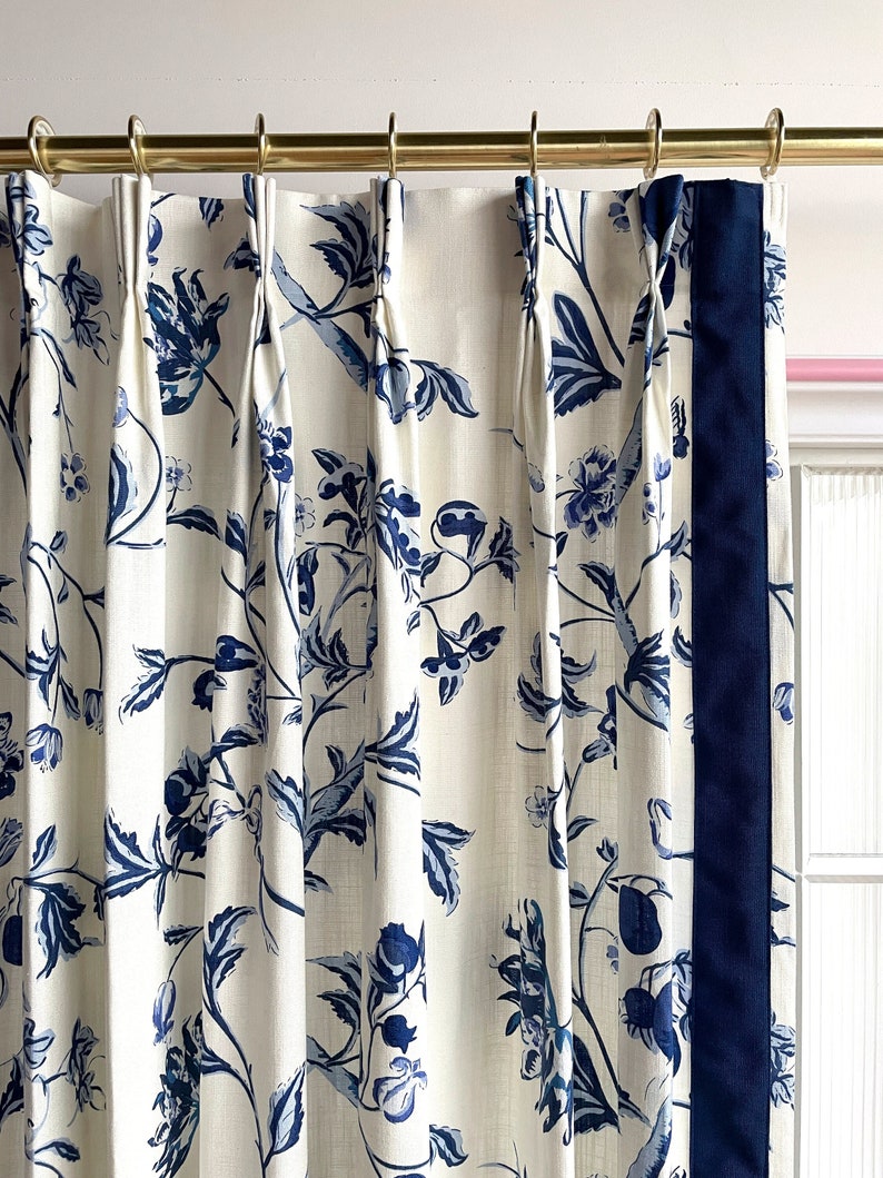 Blue Floral Cotton Blend Curtain Panels, Beautiful Custom Curtains And Drapes, Available In Extra Long Length image 1