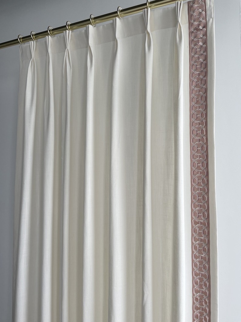 White Cotton Linen Curtain Panels With Trims, Beautiful Custom Curtains And Drapes, Available In Extra Long Length image 5