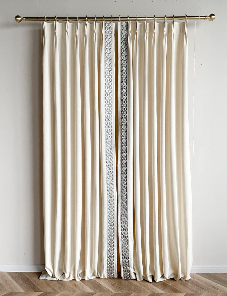 White Cotton Linen Curtain Panels With Trims, Beautiful Custom Curtains And Drapes, Available In Extra Long Length image 3