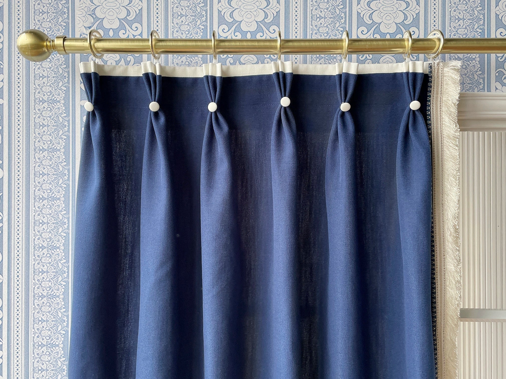Navy Cotton Linen Curtain Panels With Tassel, Beautiful Custom Curtains And Drapes, Available In Extra Long Length