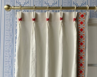 White Cotton Linen Curtain Panels With Trim And Button, Beautiful Custom Curtains And Drapes, Available In Extra Long Length