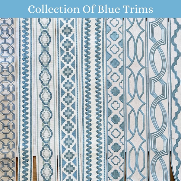 Blue Decorative Trims for Drapery, Curtain Tapes, Upholstery Ribbon, Pillow Border, Sold By The Yard