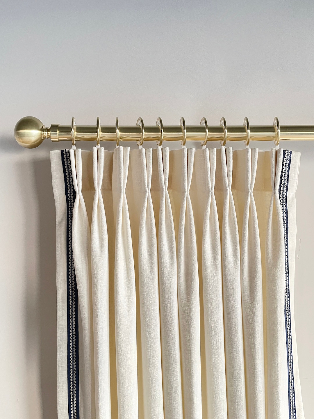 White Cotton Linen Curtain Panels With Double Trims, Beautiful Custom