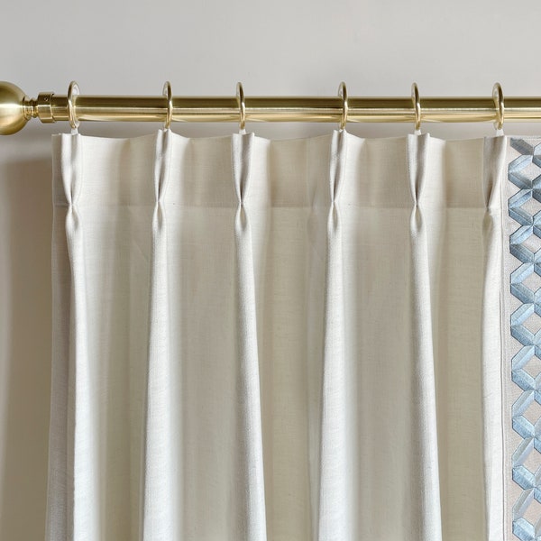 White Cotton Linen Curtain Panels With Trims, Beautiful Custom Curtains And Drapes, Available In Extra Long Length