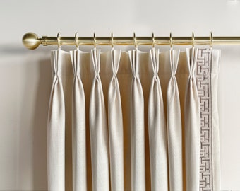 White Cotton Linen Curtain Panels With Trims, Beautiful Custom Curtains And Drapes, Available In Extra Long Length