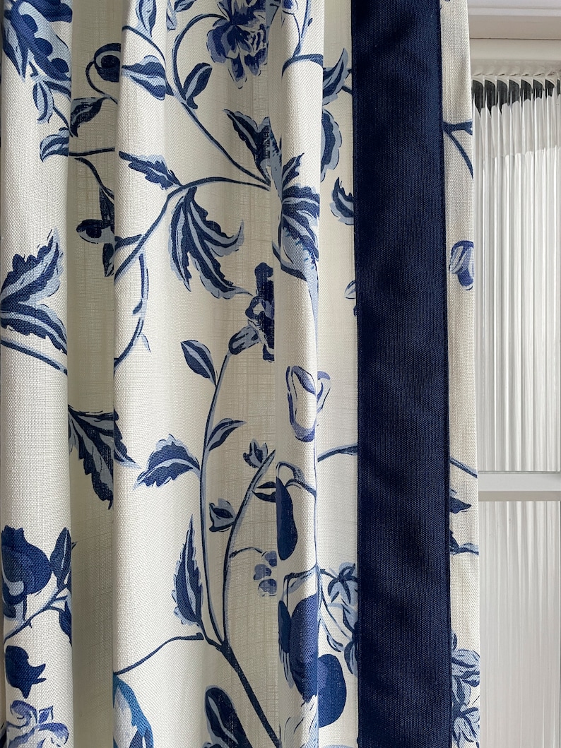 Blue Floral Cotton Blend Curtain Panels, Beautiful Custom Curtains And Drapes, Available In Extra Long Length image 5