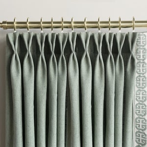 Sage Cotton Linen Curtain Panels With Trims, Beautiful Custom Curtains And Drapes, Available In Extra Long Length