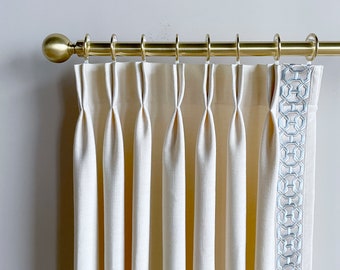 White Cotton Linen Curtain Panels With Trims, Beautiful Custom Curtains And Drapes, Available In Extra Long Length