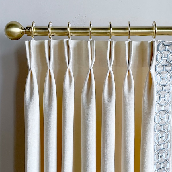 White Cotton Linen Curtain Panels With Trims, Beautiful Custom Curtains And Drapes, Available In Extra Long Length