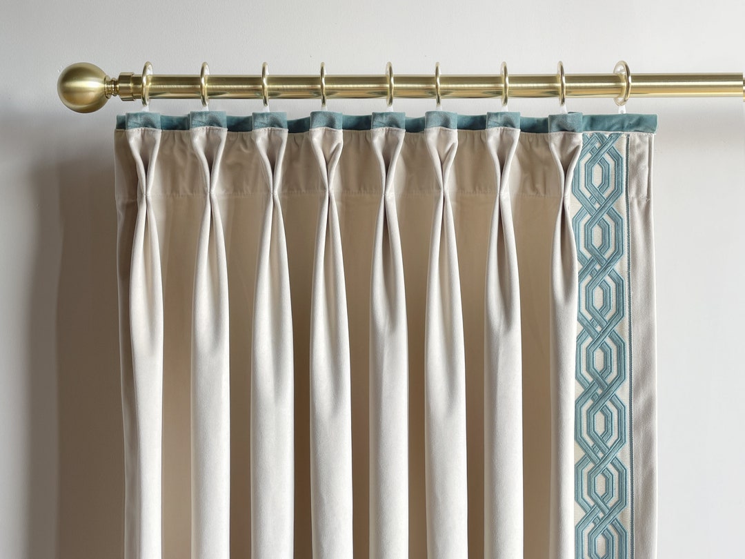 Cream Velvet Curtain Panels With Green Trims, Beautiful Custom Curtains