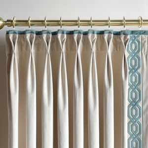 Cream Velvet Curtain Panels With Green Trims, Beautiful Custom Curtains And Drapes, Available In Extra Long Length