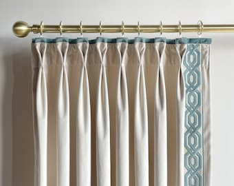 Cream Velvet Curtain Panels With Green Trims, Beautiful Custom Curtains And Drapes, Available In Extra Long Length