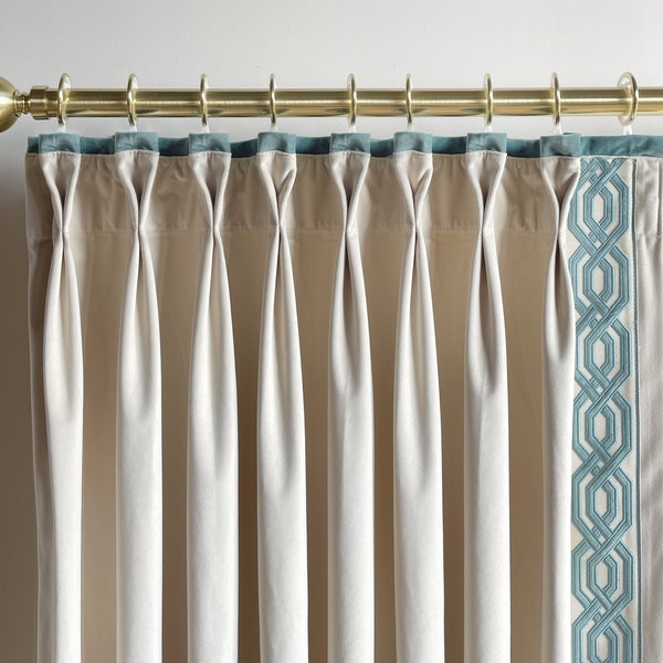 Cream Velvet Curtain Panels With Green Trims, Beautiful Custom Curtains And Drapes, Available In Extra Long Length